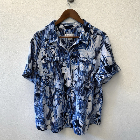 Christopher & Banks Linen Shirt Top Womens Size XL Blue Floral Beachy Coastal - Picture 1 of 8